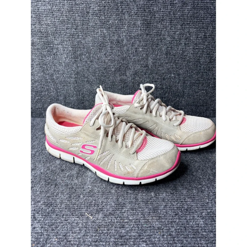 Skechers Flex Women 8.5 Light Grey Hot Pink Athletic Sneakers 22118 LGPK